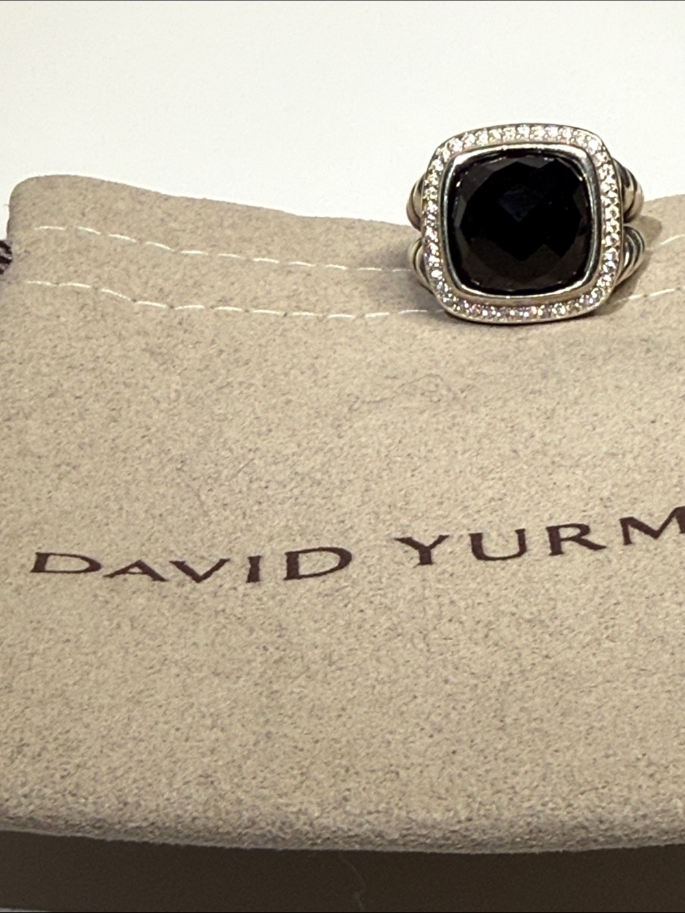 David Yurman Sterling Silver Ring with Black Onyx and Diamond Halo